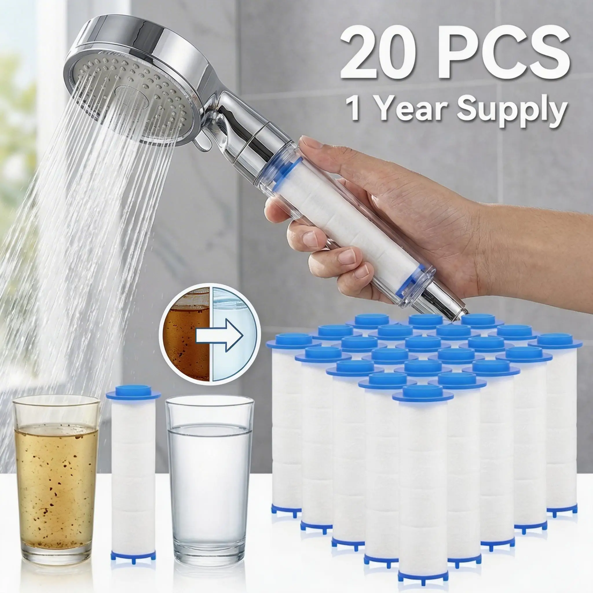 Shower Valve Cartridge - ไส้กรองฝักบัว 20 ชิ้น ไส้กรองฝ้าย PP สำหรับเปลี่ยนไส้กรองน้ำในฝักบัว